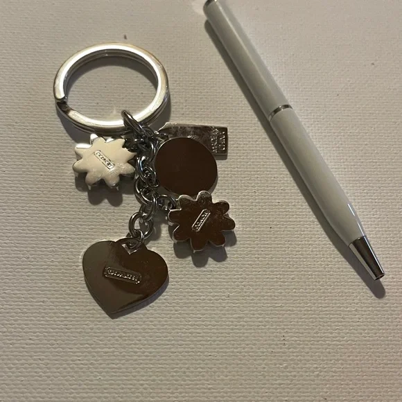 Coach Pink and Silver Floral Heart Keychain and White Coach Pen - Picture 4 of 6